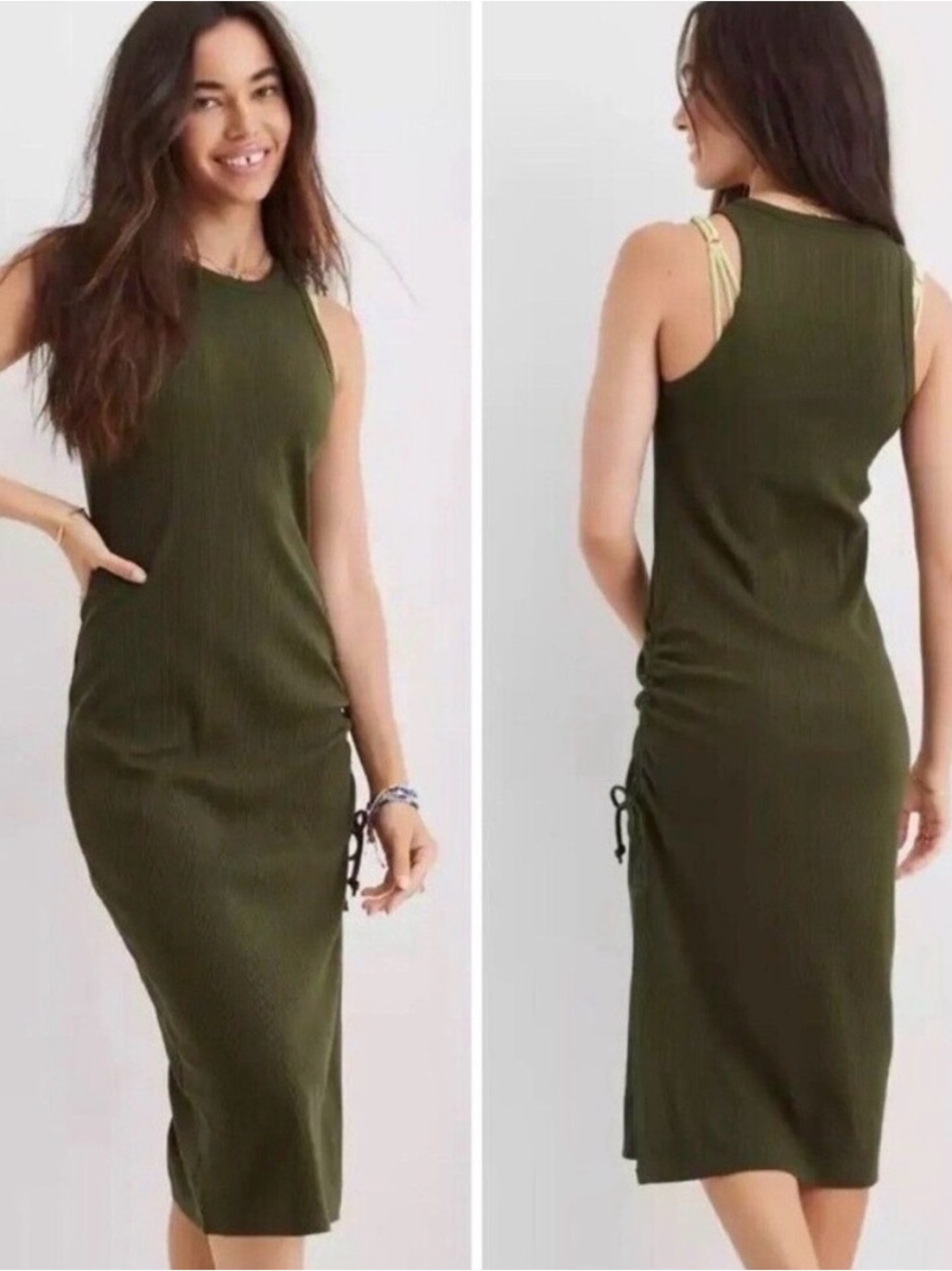 Aerie Olive Ribbed Tank Midi Dress with Side Ruching